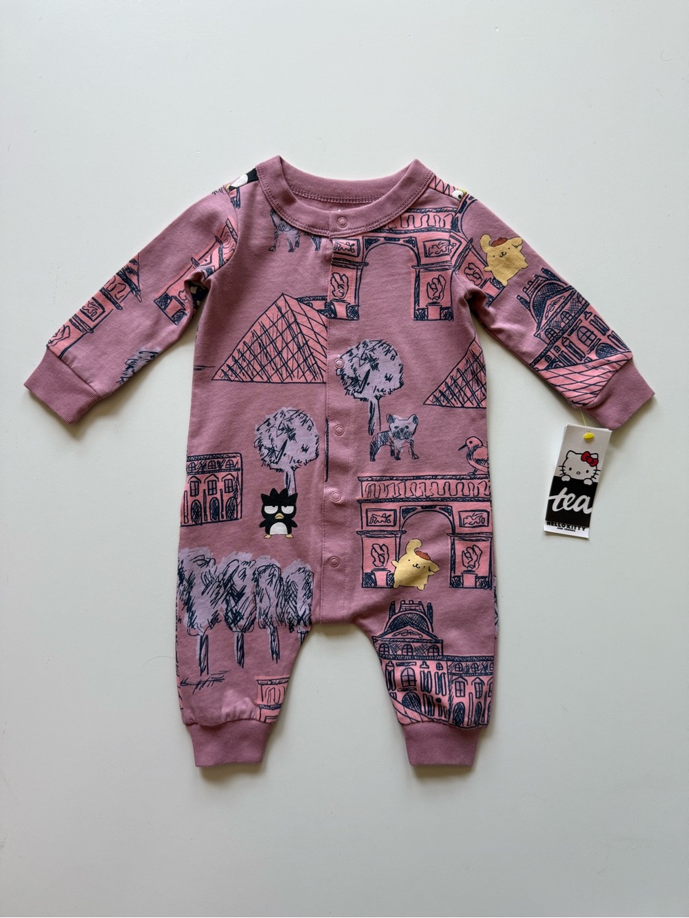 Tea x Hello Kitty & Friends Mauve Printed Baby Snap Front Romper - Size 0-3M